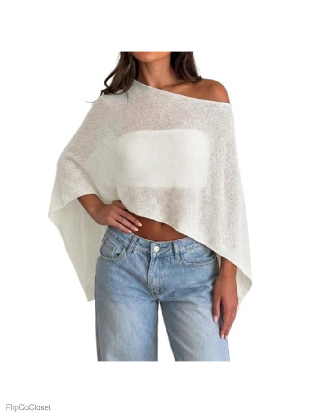 Dancenter Sheer Poncho Top Y2k Knitted Asymmetrical Mesh Pullover Cover Up One